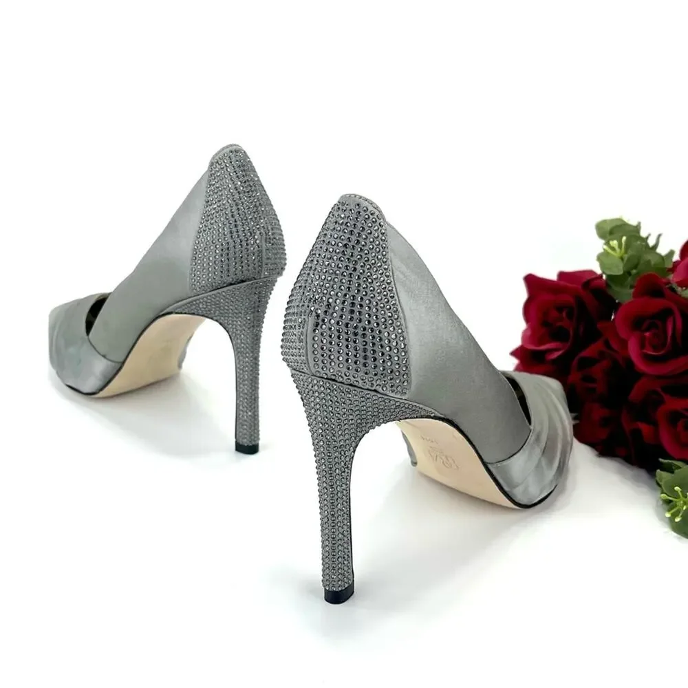 Pelle Moda Stiletto Pump Silver/Gray Satin Sparkly Rhinestone Along The Heel New